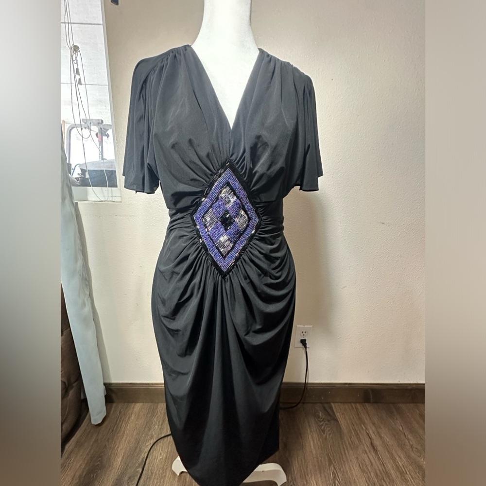 Vintage Neiman Marcus black dress embellished Disco split sleeve